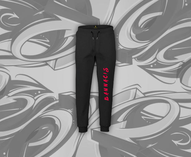 black joggers, red Bannacis text