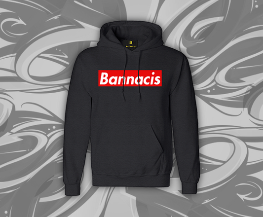 black hoodie with red box logo